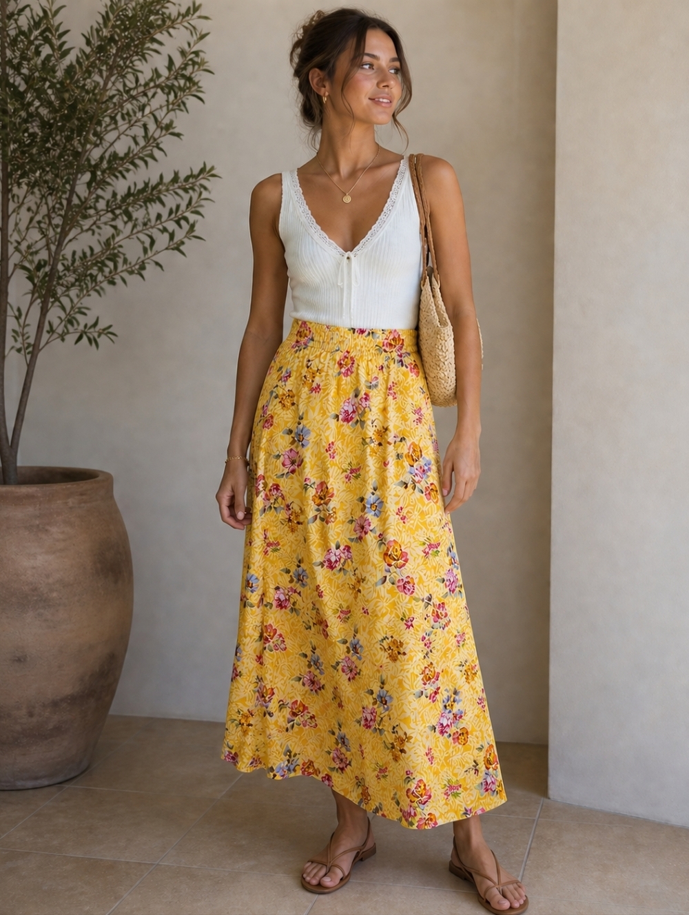 Vintage Avon Style Yellow Floral Midi Skirt Rayon Size L Elastic Waist Boho Cott